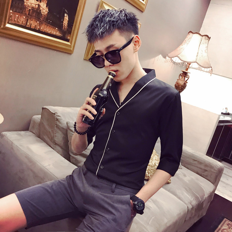 2019夏装新款社会青年七分袖衬衫精神小伙半截袖衬衣时尚 a29-p50