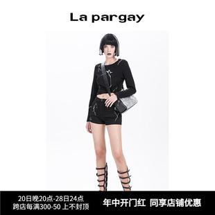 Lapargay纳帕佳春季新款女装黑色上衣百搭休闲短款长袖圆领T恤潮