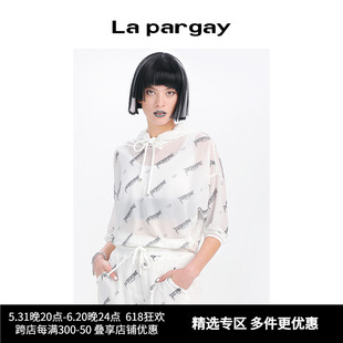 Lapargay纳帕佳春夏新款女装黑白色上衣个性时尚薄款印花连帽卫衣