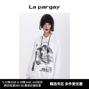 Lapargay纳帕佳新款女装黑白色上衣外套个性时尚长袖连帽针织卫衣