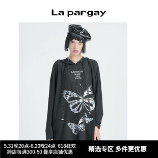 Lapargay纳帕佳2024夏季新款女装黑白色上衣防晒套头长袖连帽卫衣