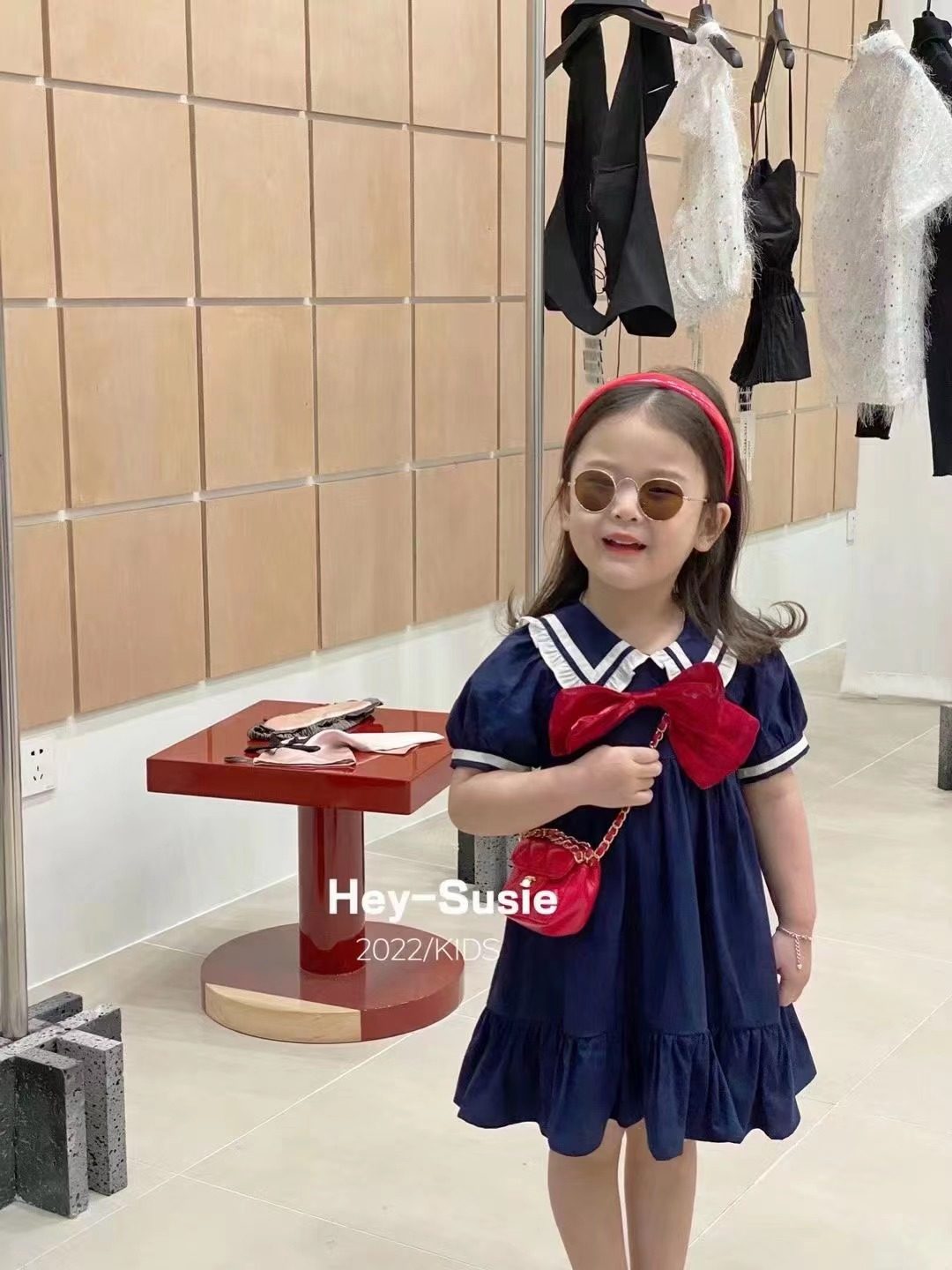 susie苏西童装2022夏季新款韩版女小童蝴蝶结学院风洋气连衣裙