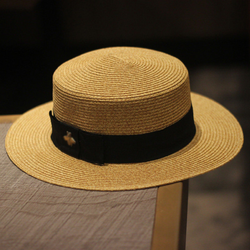 欧洲小蜜蜂平沿平顶混色草草帽礼帽草编帽遮阳时装帽子女夏天