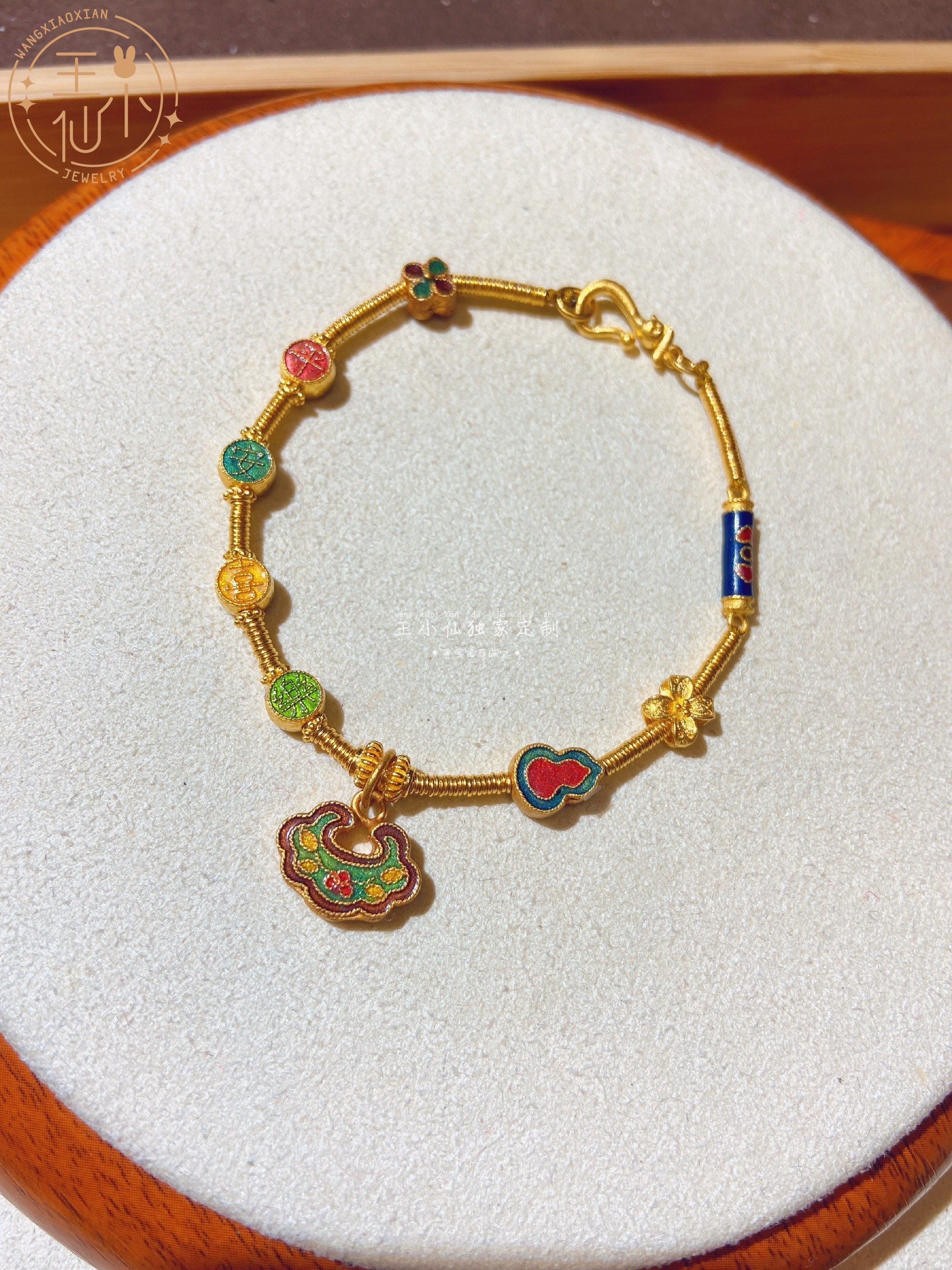 999足金 手工古法金 复古烧蓝 平安喜乐 富贵锁 黄金手链