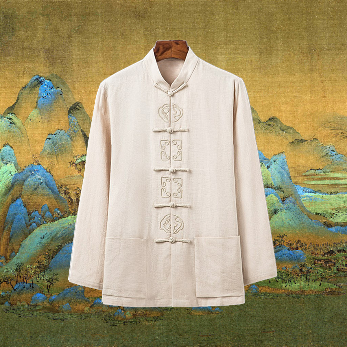2021年中式复古中老年棉麻盘扣休闲男唐装上衣中国风白色亚麻居士