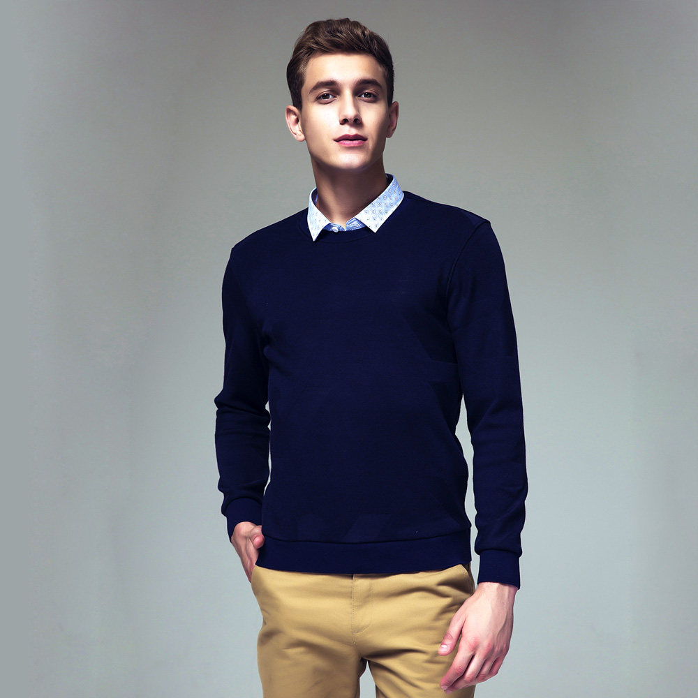 新款保暖针织衬衫加绒线衫外套潮男修身毛衣衬衫假两件套头衫优惠券