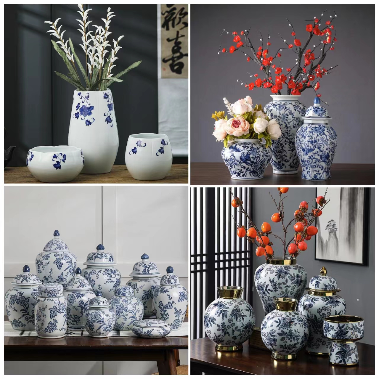 轻奢新中式家居客厅电视柜茶几玄关样板房手绘青花纹陶瓷花瓶摆件