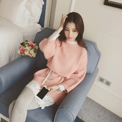韩国代购女装秋装2016新款潮中长款针织毛衣直筒连衣裙蕾丝两件套