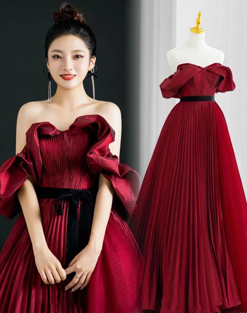 高端一字肩红色晚礼服2021简约大气显瘦新娘敬酒晚宴婚礼演出长裙