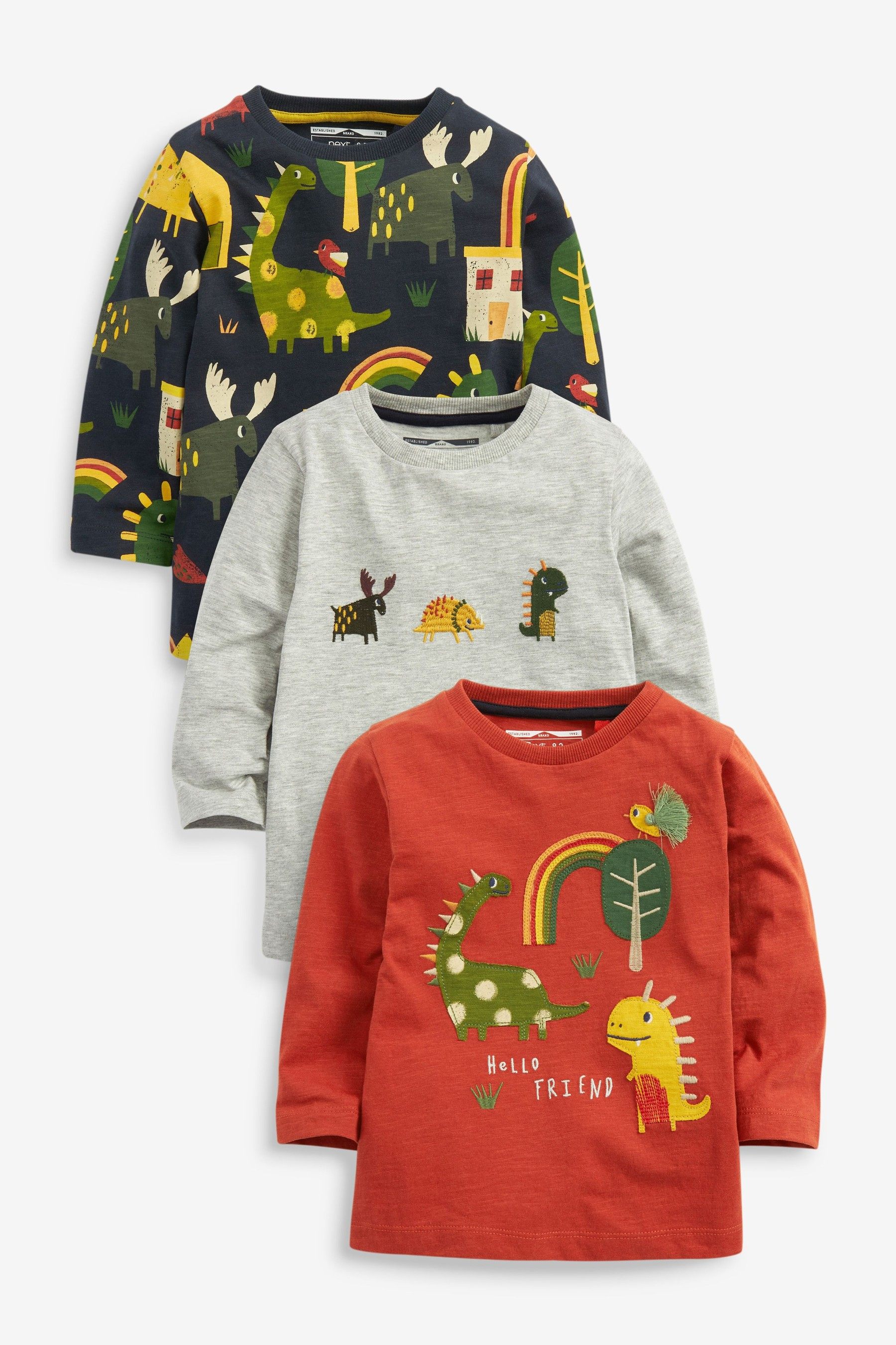 next正品春秋新款中小男童卡通恐龙印花图案长袖圆领休闲t恤3件装