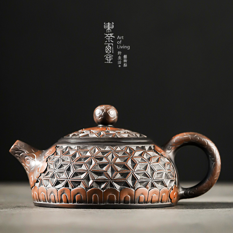 建水紫陶壶云南全手工茶壶立体深雕菱形半月壶功夫茶具手作泡茶器