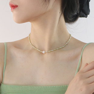 M 绿色限定水晶项链女小众设计天然淡水珍珠锁骨链简约小清新颈链