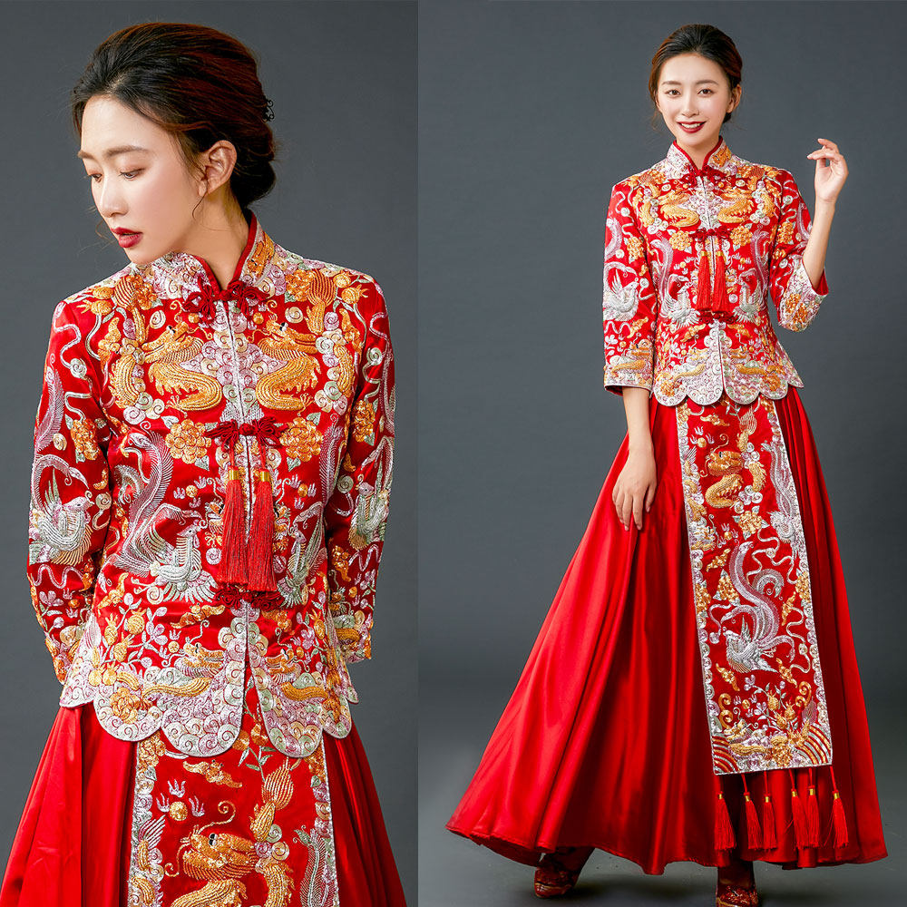 新款中式婚礼修身龙凤褂双喜龙凤裙褂手工金银线绣盘扣秀禾服租优惠券