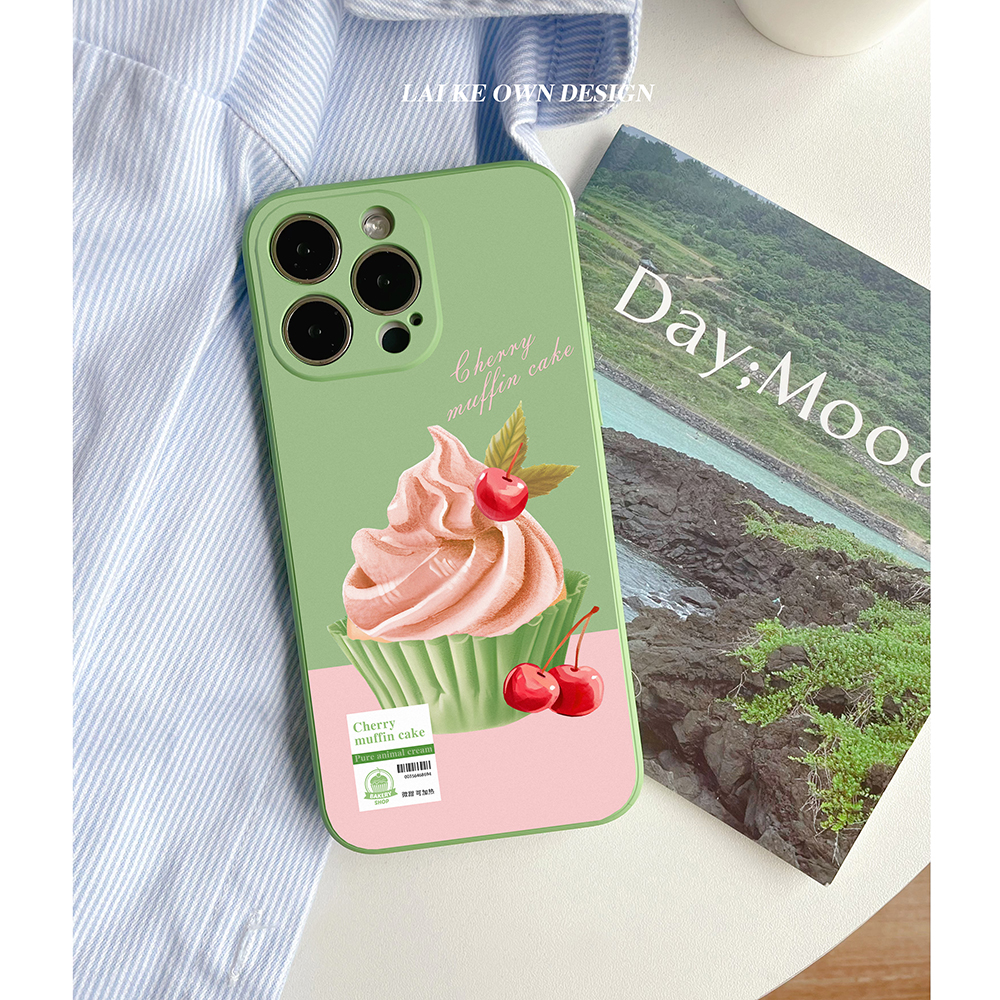 原创夏日樱桃蛋糕甜品适用15苹果14手机壳iphone13新款抹茶绿液态硅胶华为p70mate60小米全包软壳