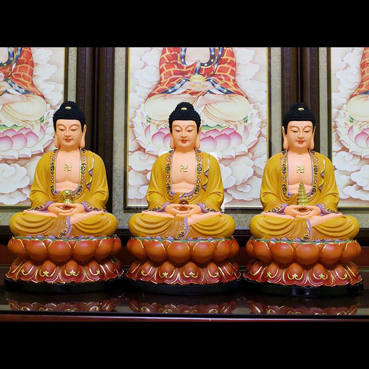 三宝佛 三世佛释迦牟尼佛 药师佛 阿弥陀佛 黄衣树脂佛像摆件t07