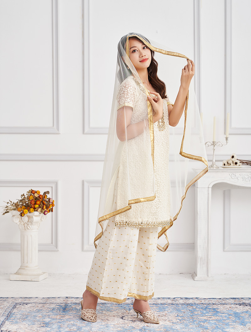 野人小饰 印度进口服饰女旁遮比3件套刺绣中长款民族风女装白色
