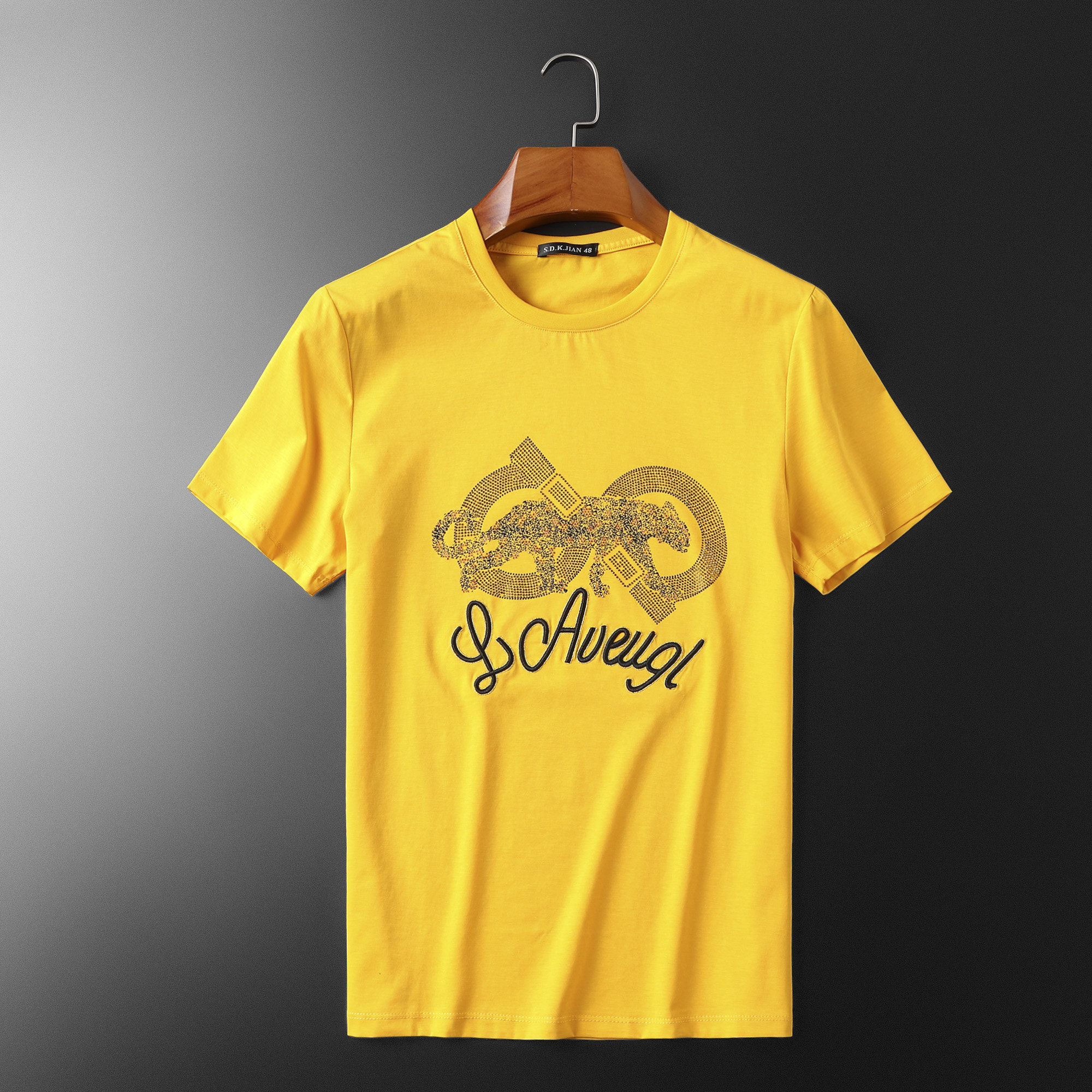 2020年夏季潮男个性动物图案镶钻休闲圆领t恤黄2132 p75