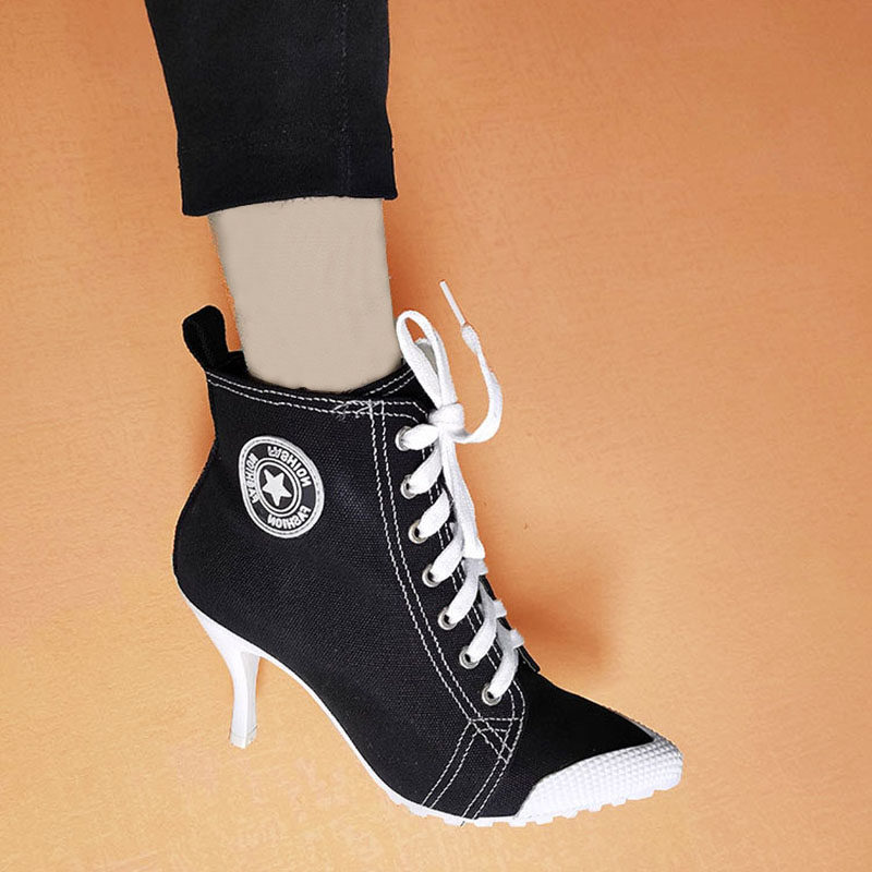 运动尖头系带高跟短靴女细跟牛仔帆布高跟鞋爵士舞春跳舞专用舞蹈