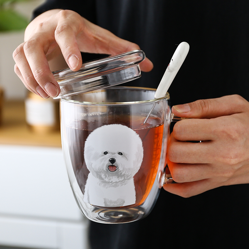 包邮可爱比熊狗狗萌宠耐热双层杯透明玻璃花茶杯咖啡杯印花果汁杯
