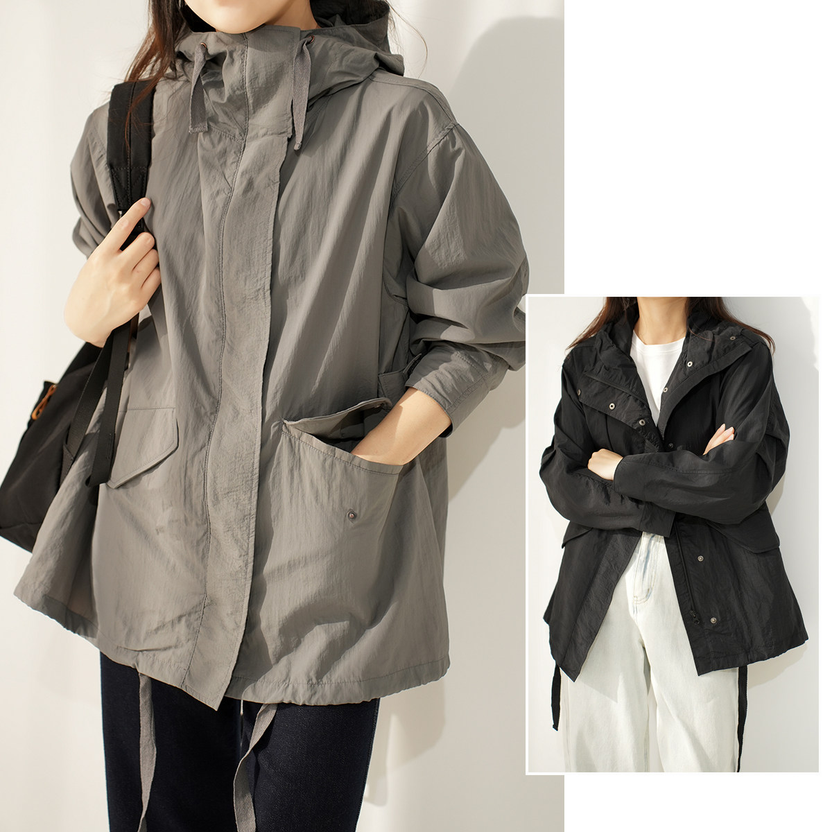 女士连帽风衣外套 宽松百搭防风防晒衣 通勤长袖上衣 春秋款女装