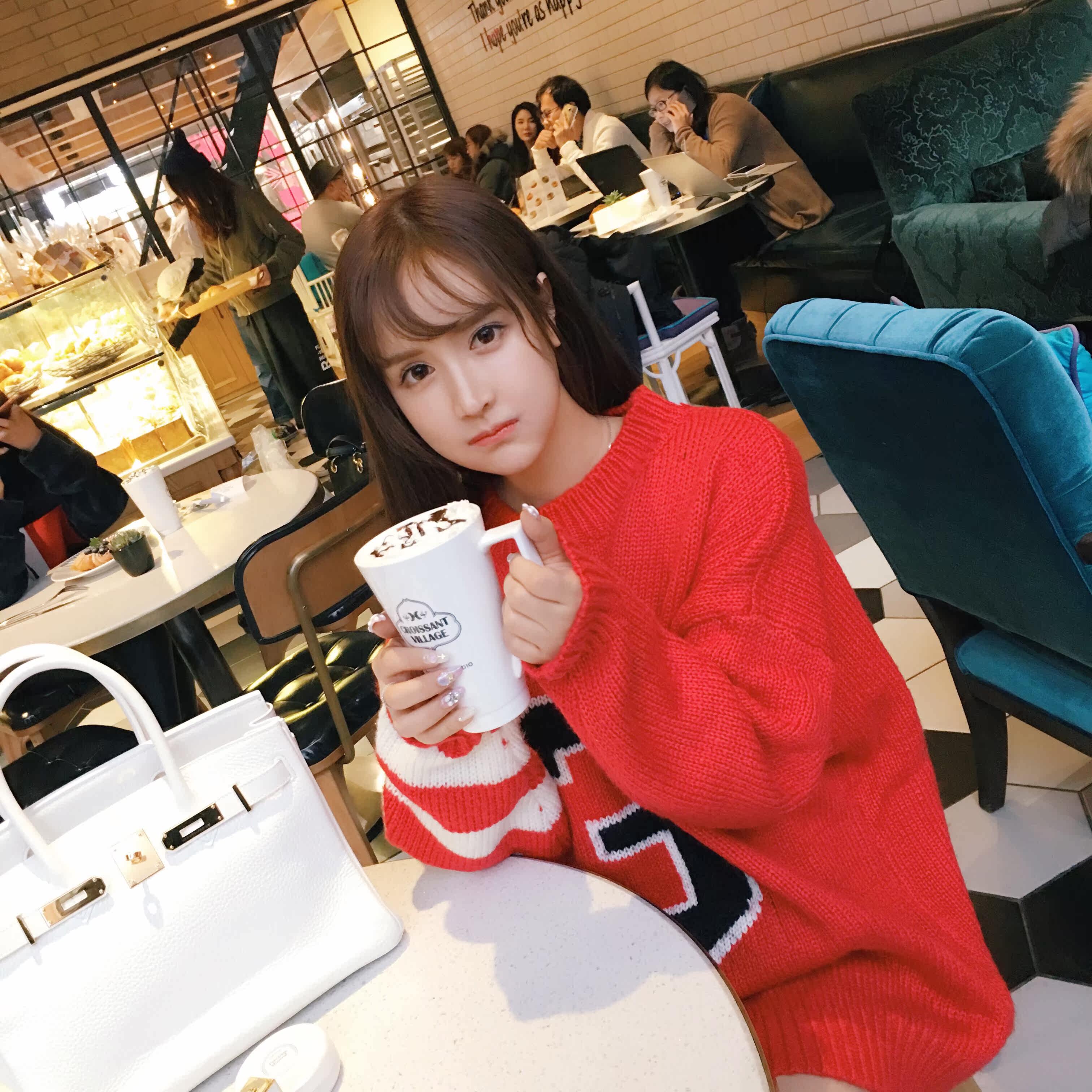 【赵芷彤cassie】冬季新款圆领中长款数字3撞色韩版休闲套头加厚