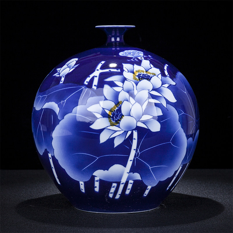 景德镇陶瓷 新中式青花瓷荷花花瓶装饰摆件 家居客厅玄关瓷器摆设