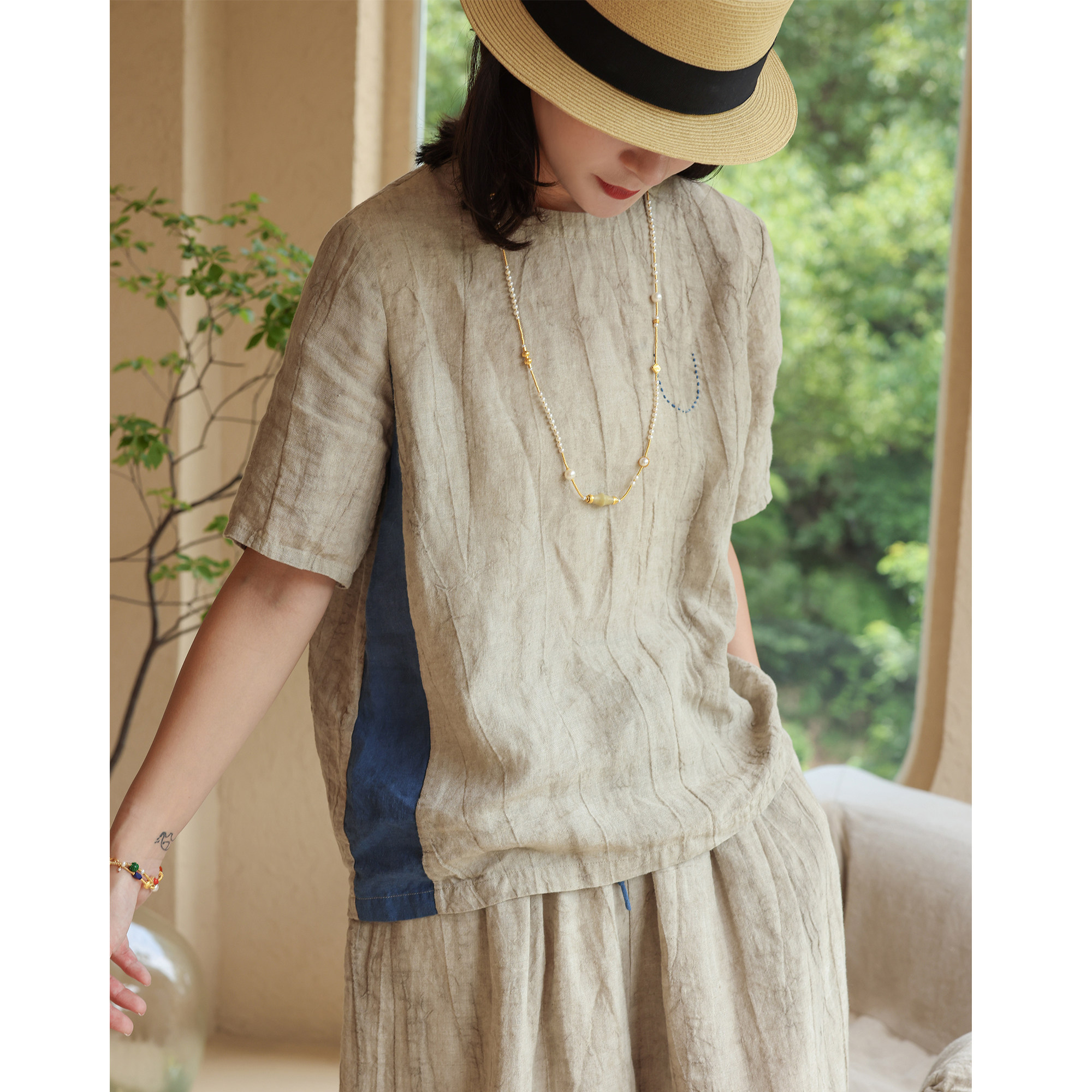 麻霖棉麻女装2022夏季新品纯亚麻石磨洗斑驳肌理复古拼色短袖上衣