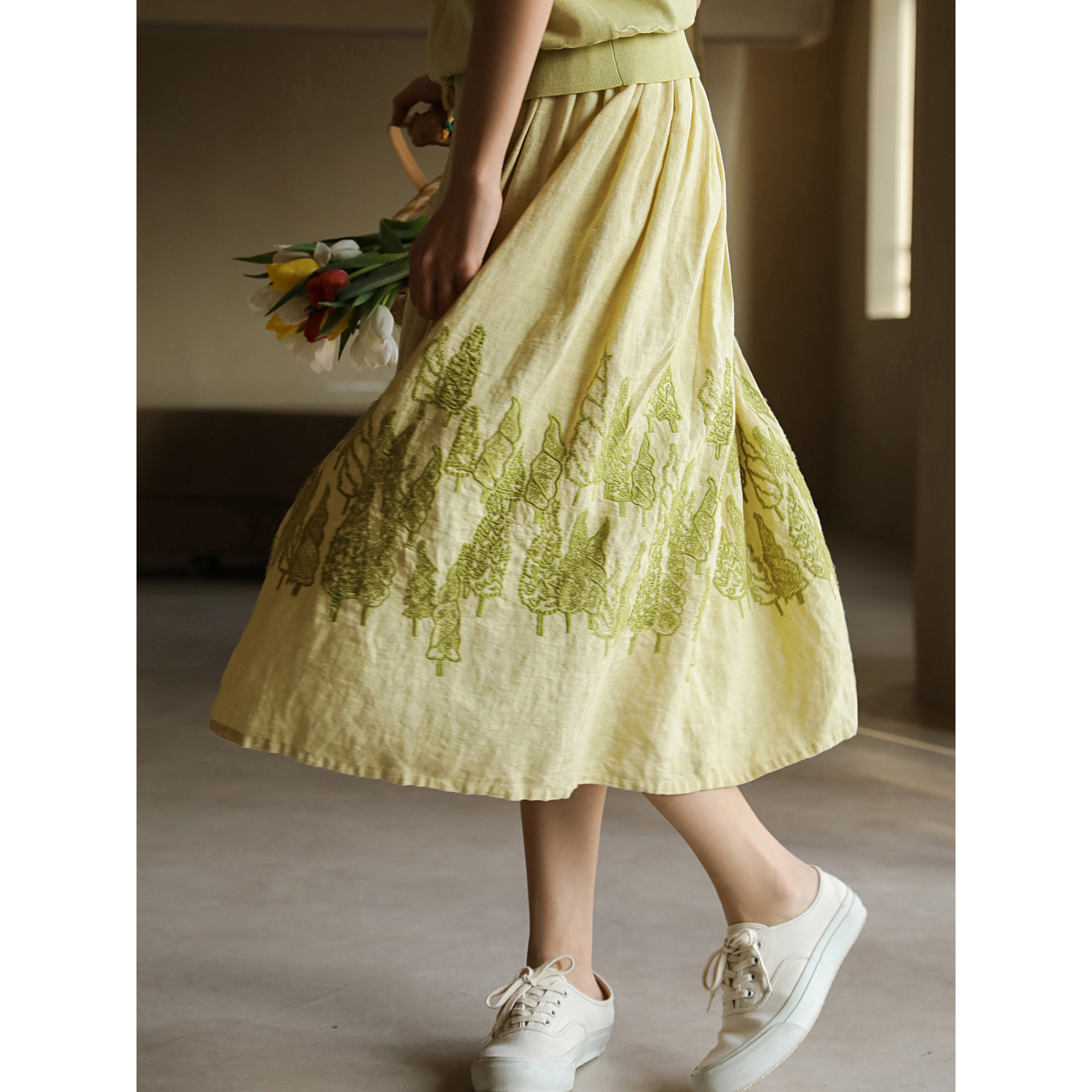 麻霖2022春季新品纯亚麻洗水重磅刺绣松紧腰小a半裙宽松半身裙