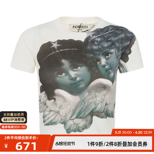 FIORUCCI 白色纯棉天使图案印花女士圆领正肩短款短袖T恤