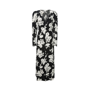GANNI 24春夏新款法式黑白色花卉印花V领优雅气质度假长袖连衣裙