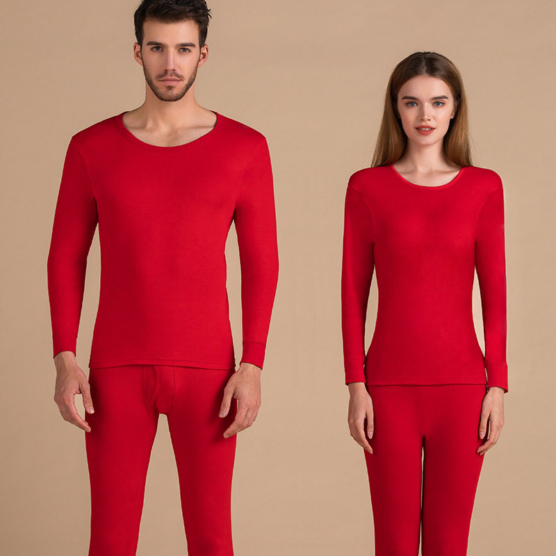 大红色保暖内衣女士结婚棉毛衫男本命年秋衣秋裤套装纯棉圆领礼盒
