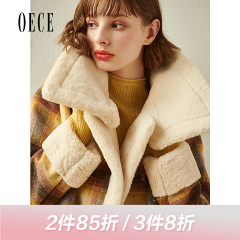 oece2019冬装新款女装复古小可爱英伦格纹毛绒复合呢大衣短款外套