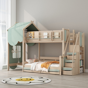 儿童高低床实木带滑梯