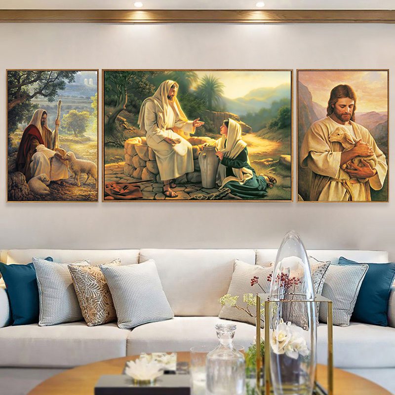 基督教挂画耶酥稣画像牧羊十字架客厅天主装饰画欧式油画有框壁画