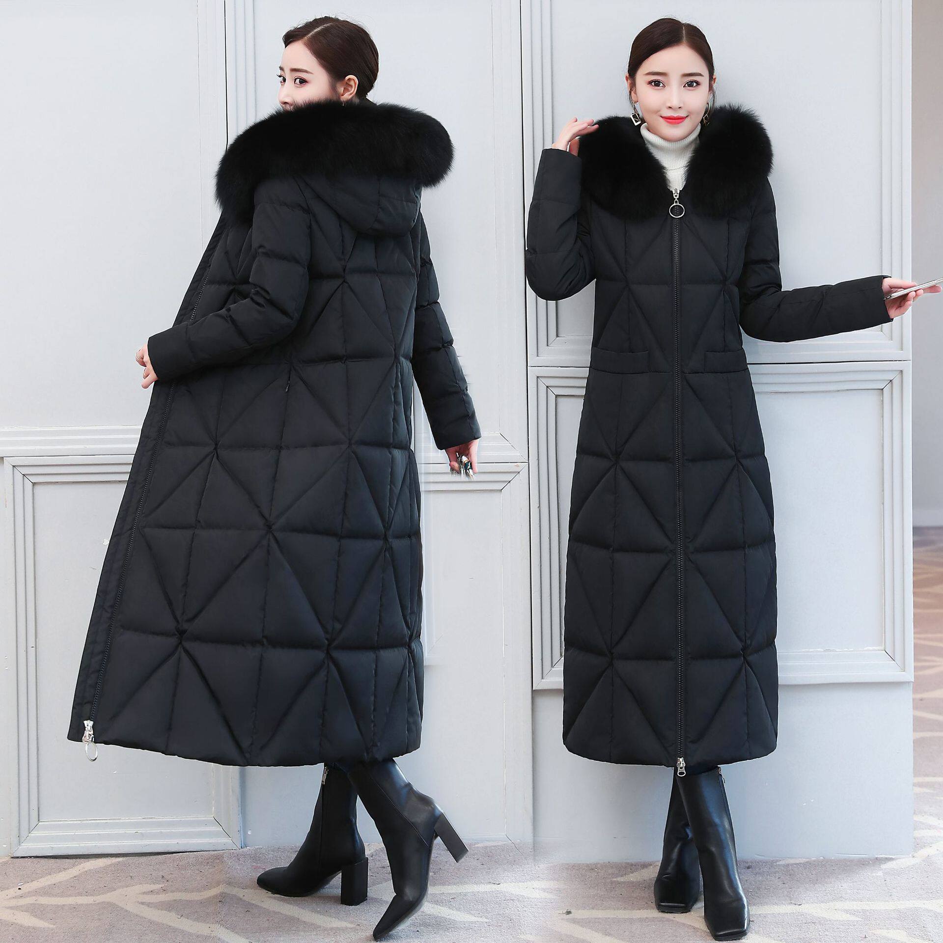 修身显瘦 大毛领_逐雅正品女装真狐狸大毛领长款羽绒服长过膝加厚加长