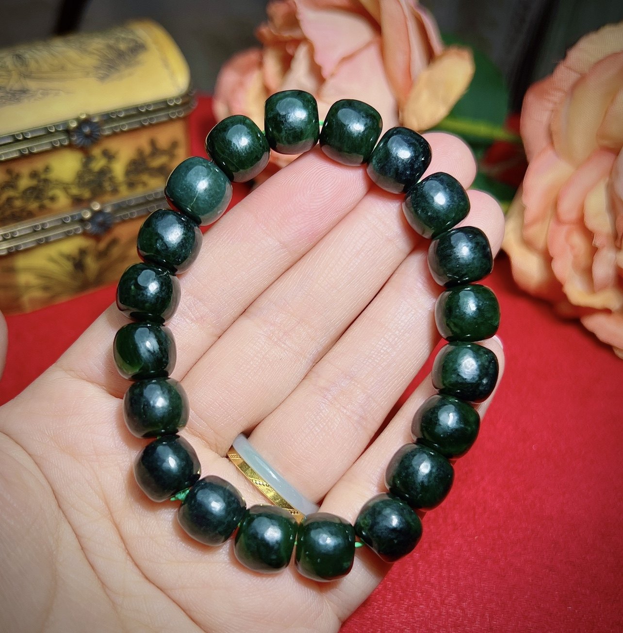 泓石斋 天然和田玉碧玉老料手链单圈9mm黑碧玉女福利款