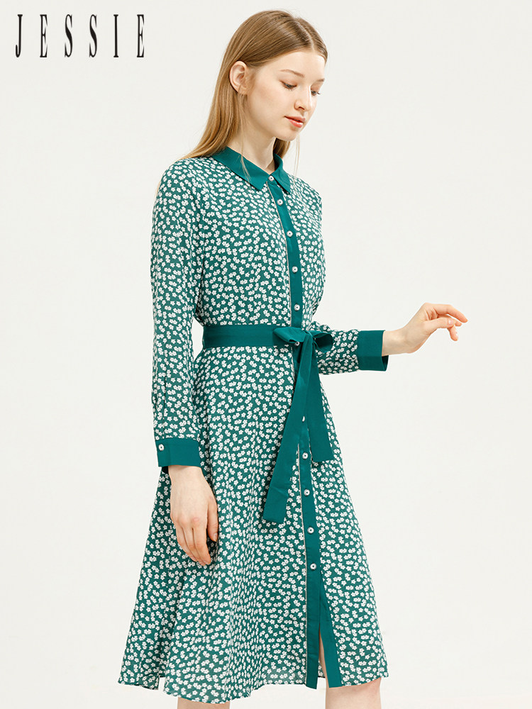 jessie夏新品时尚碎花长袖碎花收腰连衣裙女装dacal012
