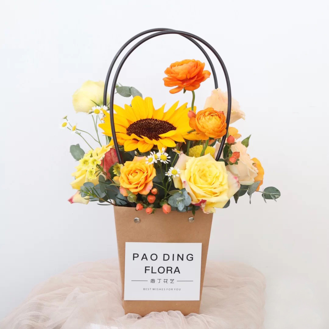 牛皮纸手提花盒袋  加厚防水花篮多肉盆栽植物花束袋鲜花包装材料