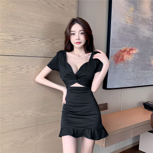 Low cut short sleeve hollow tight Hip Wrap Dress Korean design fishtail skirt