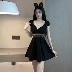 Tassel stitching open waist mesh short sleeve V-neck waist tassel swing dress