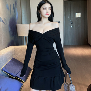 Real shooting sexy one shoulder pleated long sleeve waist bag hip Ruffle nightclub dress