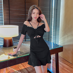 Low cut sexy hollow neck drawstring A-line dress