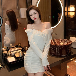 Real shooting slim straight neck off shoulder pure cotton pleated bandage long sleeve dress port style small black skirt