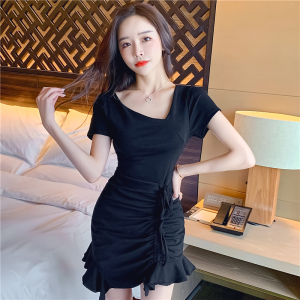 Slim dress with irregular waist drawstring