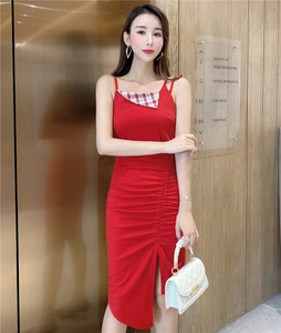 Suspender V-neck waist split mid length dress