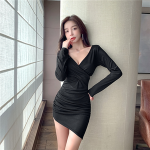 Real shooting pure cotton tight thin V-neck cross cut pleated long sleeve Hip Wrap Dress