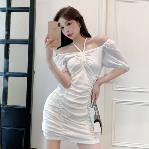 Strap Pleated Dress temperament one line shoulder bag hip skirt