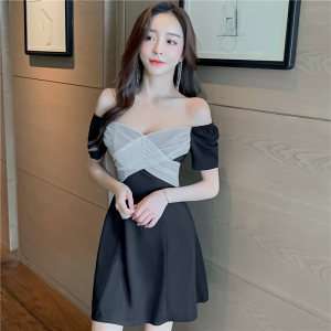 Sexy mesh stitching off shoulder swing dress