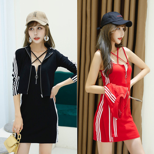 Autumn 2019 new net red clothes slim suspender dress + long sleeved cardigan two-piece set