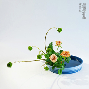 日本进口渐变陶瓷圆形大水盘花器禅意中式日式插花池坊小原流写景